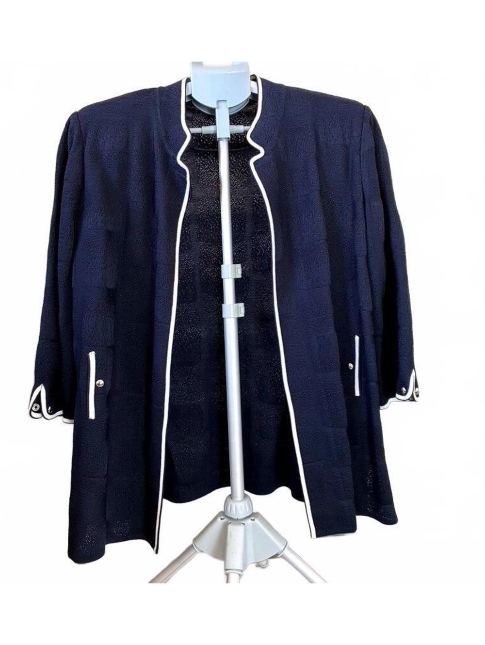 Ming Wang LRG Navy Blue Knit Cardigan Blazer w/ White Trim & Button Details NWOT